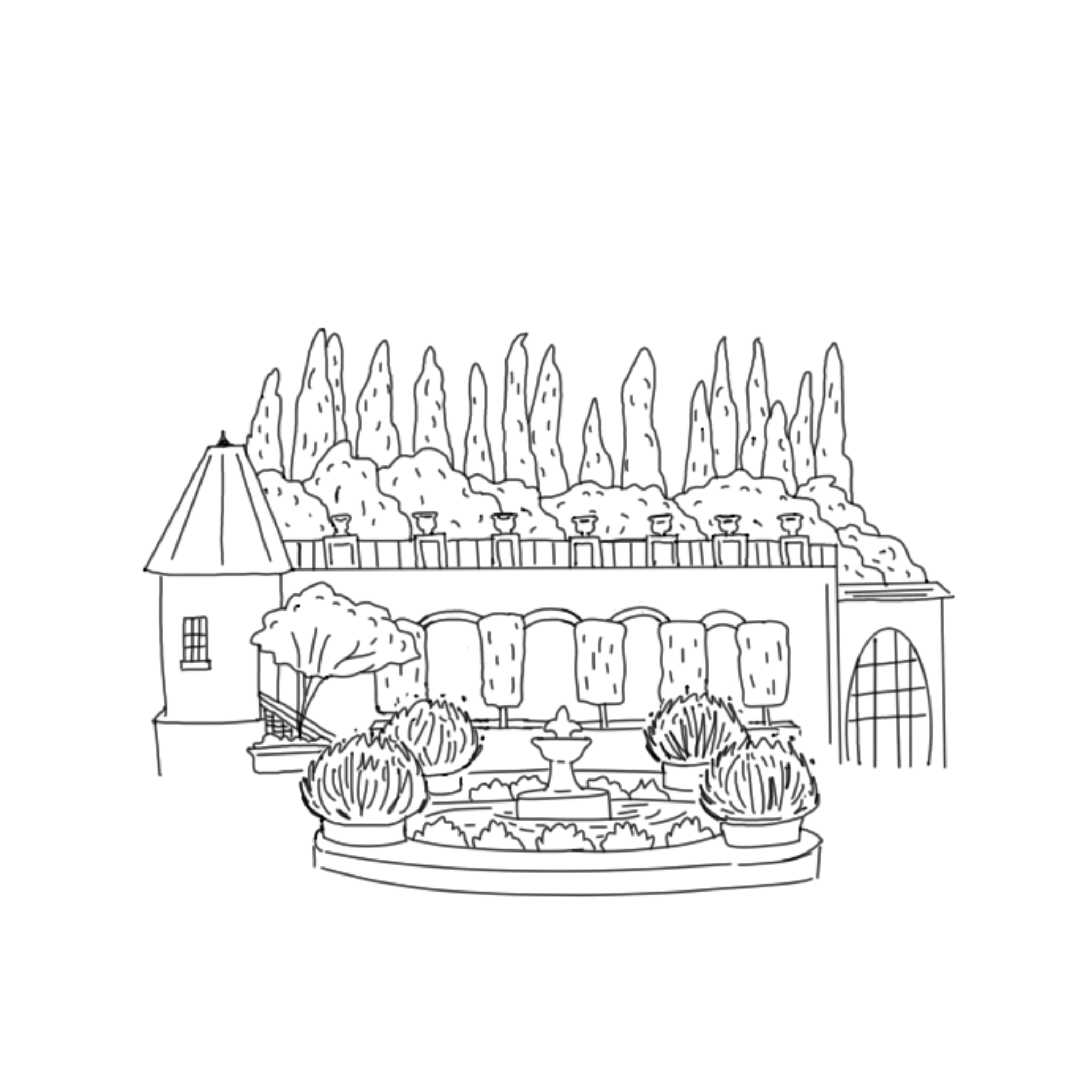 A hand-drawn line illustration of Greystone Mansion, created for Jacqueline and Joseph by Tommy Mackey